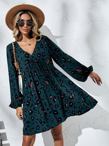 

allover print bishop sleeve smock dress s6gp#, Black;gray