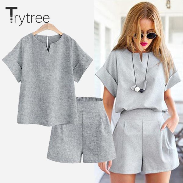 

trytree summer autumn women two piece set casual polyester short soild female office plus size suit set short sleeve sets 220611, White