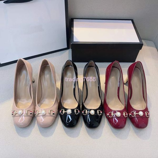

dress shoes high version g family pearl high heels leisure patent leather round head horse rank buckle horseshoe women's shoes, Black