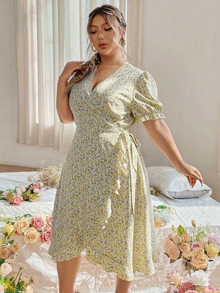 

plus ditsy floral puff sleeve ruffle trim tie side wrap dress x5yv#, Black