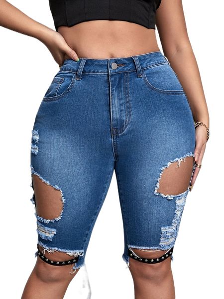 

sxy cut out ripped frayed studded detail bermuda denim shorts m0ck#, White;black