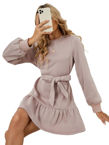 

keyhole back ruffle hem belted sweatshirt dress v7hk#, Black