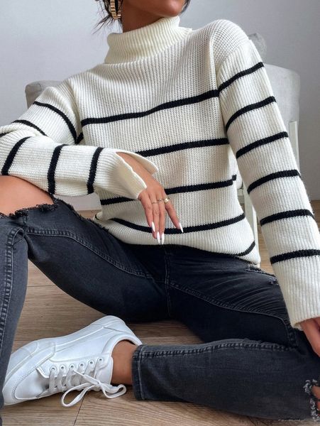 

striped pattern turtle neck drop shoulder sweater i5qv#, White;black