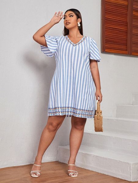 

plus striped geo embroidered flutter sleeve dress r8xc#, Black