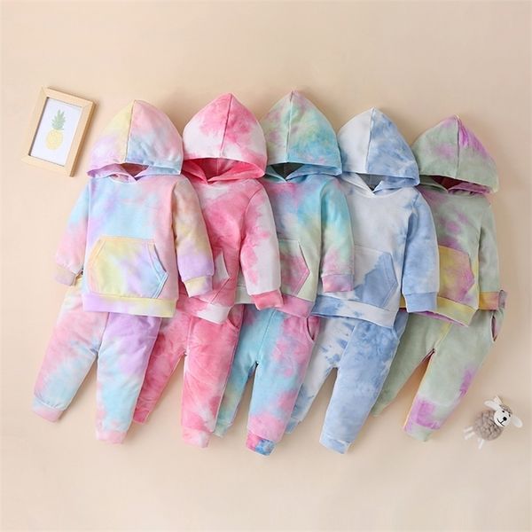 

children's sweater tie-dye two-piece clothing suit boys long sleeve autumn hooded clothes kids clothes girls outwear lj201223, White