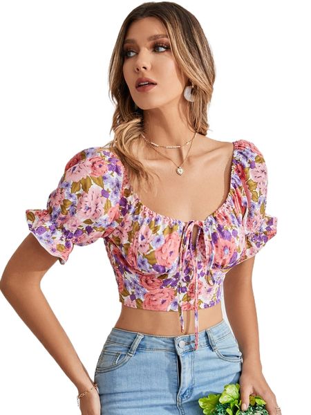 

floral print puff sleeve ruched bust knotted u2ml#, White