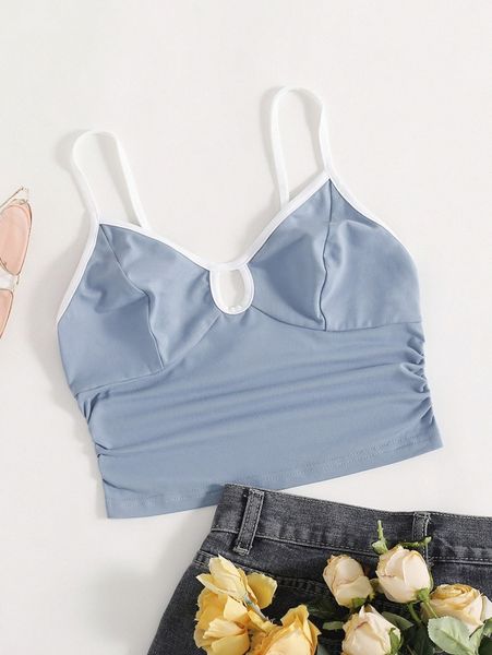 

cut out contrast binding ruched cami p99n#, White