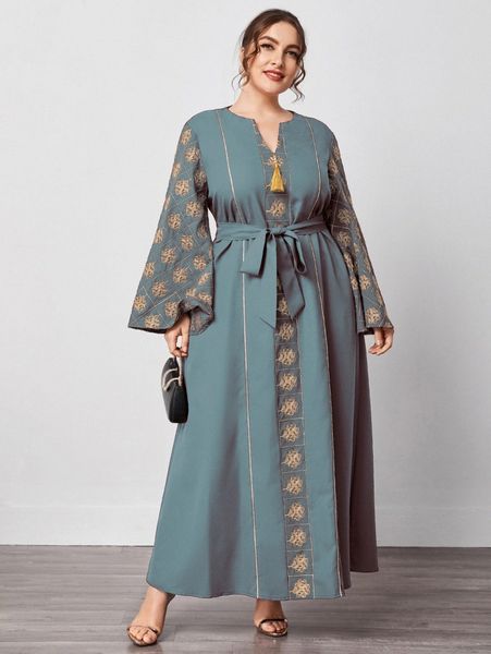 

plus floral embroidered fringe belted dress s9hz#, Black