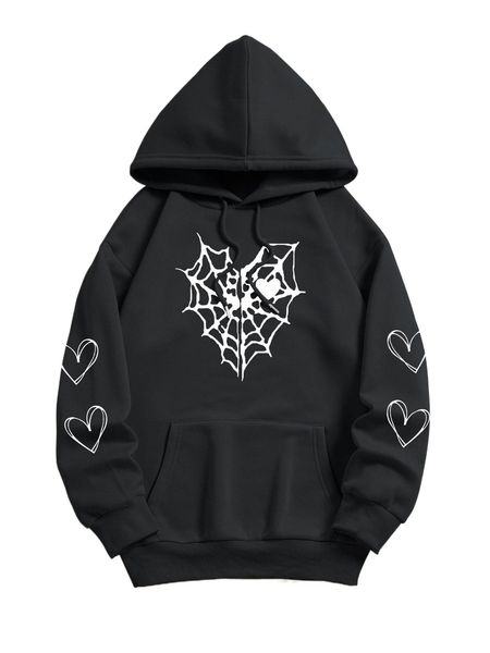 

heart & spiderweb print kangaroo pocket drawstring thermal hoodie y6py#, Black