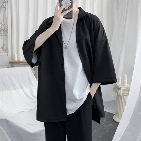 

hybskr summer men shirt short sleeve solid color shirts for man vintage harajuku casual oversized blouses fashion mens clothing 220706, White;black