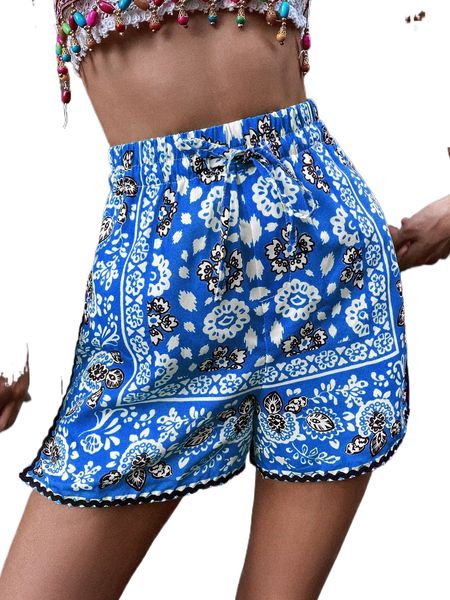

allover floral print drawstring waist shorts m8gm#, White;black