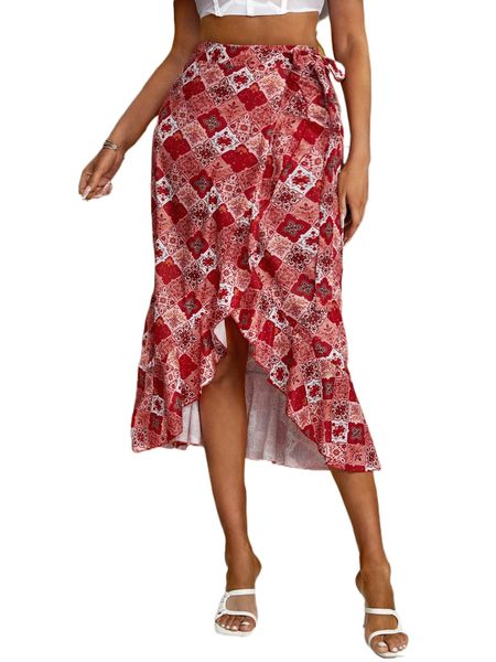 

allover print ruffle hem wrap skirt k4xp#, Black