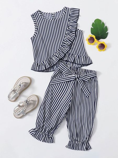 

toddler girls striped ruffle trim tank with belted pants she, White
