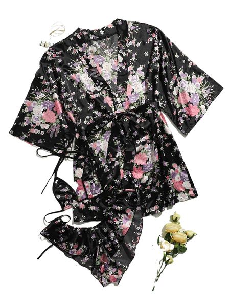 

plus floral halter lingerie set with belted robe 56sh#, Black;white