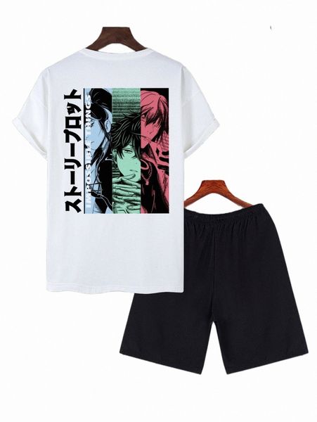 

men figure & japanese letter graphic tee & drawstring waist shorts o9fo#, Gray