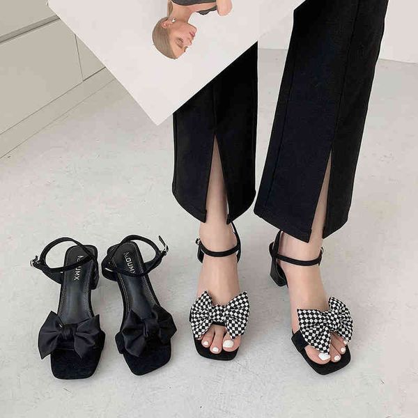 

sandals shoes designer fashion sweet bow chunky heeled sandals women summer 2022 square toe one line belt buckle high heels 220323, Black