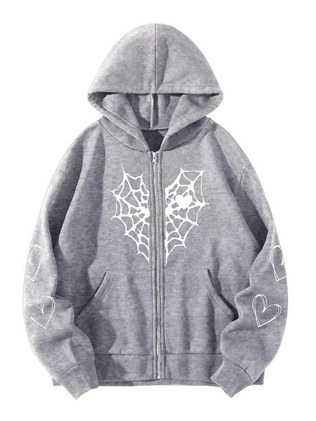 

spider web & heart print zipper thermal hoodie f7kz#, Black