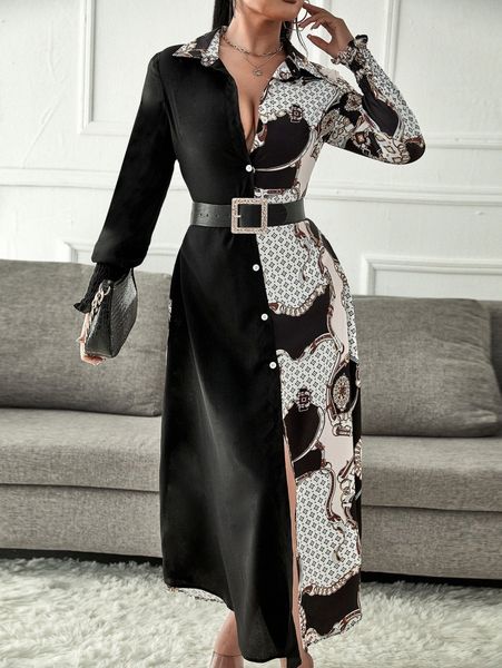 

sxy geo and chain print shirt dress without belt k5gr#, Black;gray