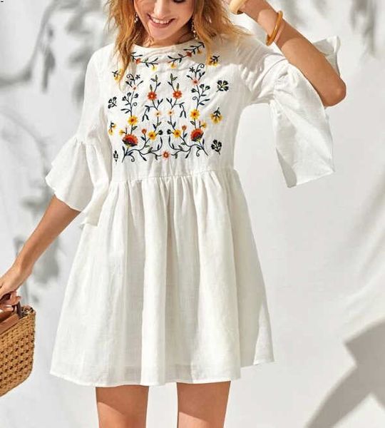 

2021 new womens boho clothing embroidered linen white dress summer a line beach dress0q5k, Black;gray