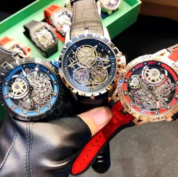 

watches luxury men's watch transparent skeleton fully automatic mechanical movement waterproof design real leather strap 47mm, Slivery;brown