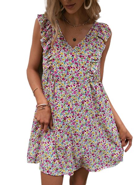

ditsy floral ruffle v neck dress h5to#, Black;gray