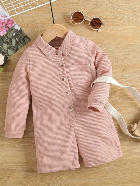 

toddler girls waffle knit patched pocket button front romper she, Blue