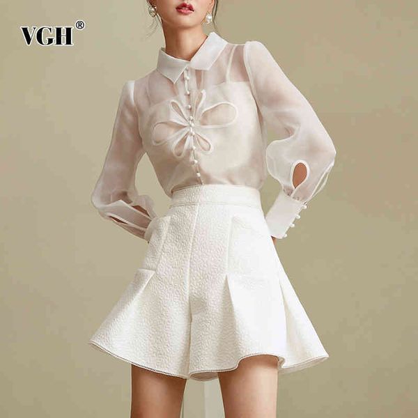 

casual hollow out shirts for women lapel lantern long sleeve perspective loose elegant blouses female fashion clothes style 210507, White