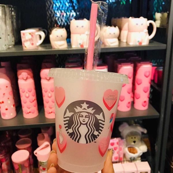 

starbucks cup 2020 valentine's day lovely heart environmental friendly portable cold water cup with heat-resistant plastic straw