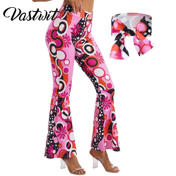 

fashion 70s women hippie costume accessories floral print bell bottom boho flared pant leggings with headband 220719, Black;white