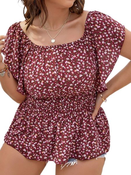 

plus ditsy floral butterfly sleeve shirred peplum blouse y4rd#, Black