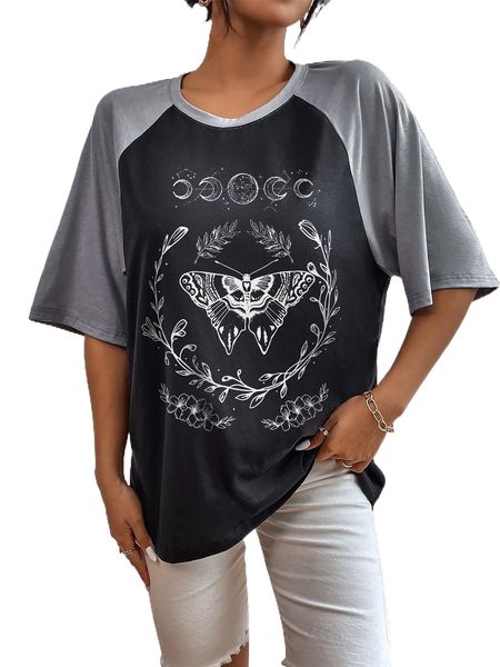 

butterfly & floral print contrast raglan sleeve tee v6ig#, White