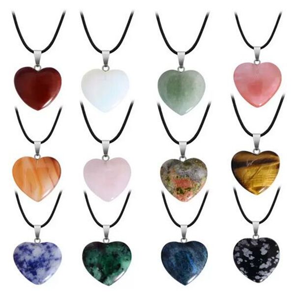 

natural crystal stone pendant necklace hand carved creative heart shaped gemstone necklaces fashion accessory gift with chain 20mm gc1491, Silver