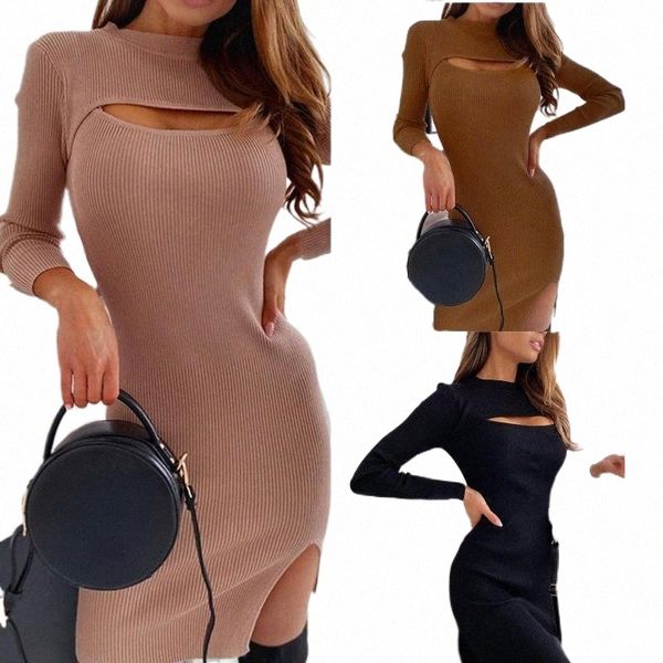 

casual dresses women o neck chest hollow out split hem long sleeve knit knee-length dress outswear clothing z8gw#, Black;gray