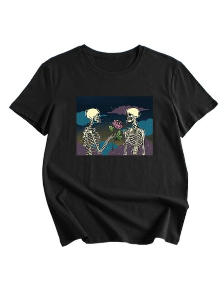 

romwe x sadskelly skeleton print tee g7l6#, White