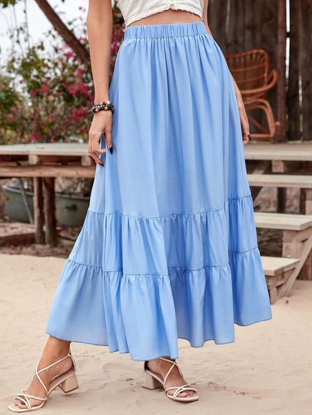 

solid ruffle hem skirt p7te#, Black