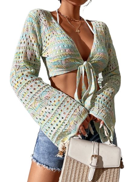 

space dye knot front hollow out kimono m1el#, White;black