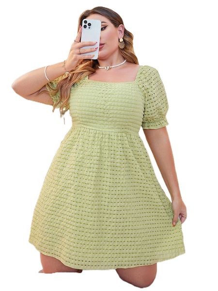 

plus square neck puff sleeve shirred back dress u4zk#, Black