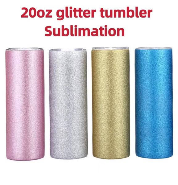 Bicchieri dritti da 20 once con texture a sublimazione Bicchiere con glitter in polvere con coperchio in cannuccia in plastica Tazza per acqua portatile per birra con caffè a doppia parete isolata sotto vuoto