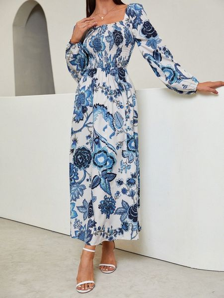 

floral print lantern sleeve shirred square neck dress n1dn#, Black;gray