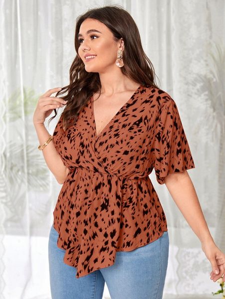 

plus allover print overlap collar peplum blouse 71d8#, Black