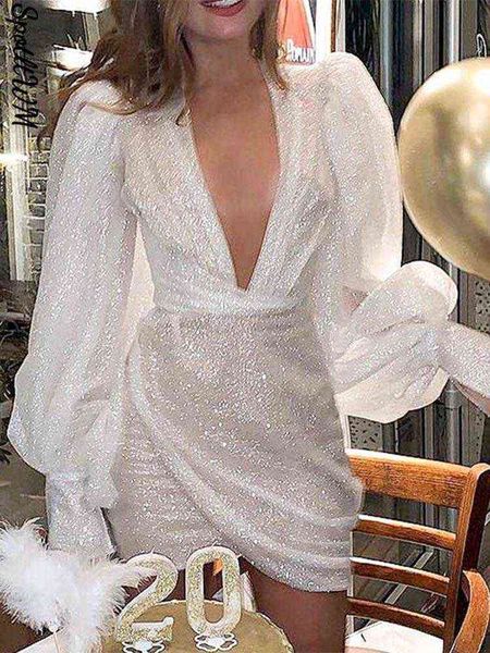 

sequin puff sleeves women's evening dresses ladies fashion deep v neck dress 2022 autumn female gorgeous evening clubwear t220816, Black;gray