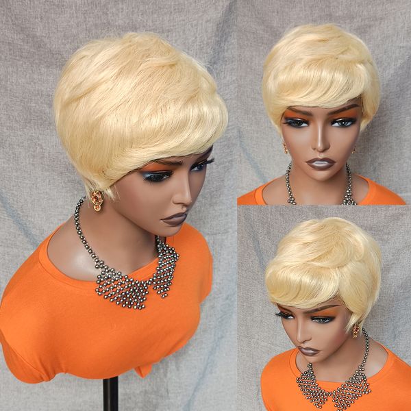 

lx brand 613 honey blonde pixie cut short bob wavy wig 150% human hair wave wigs for women human hair wigs remy hair wig machine made wigfac, Black