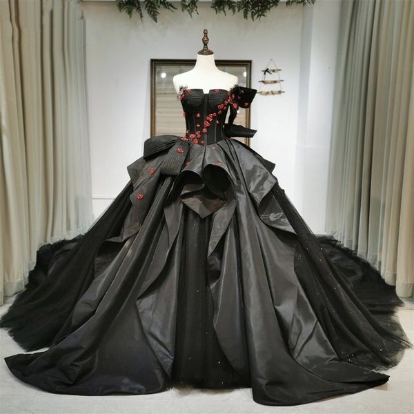 Gotische schwarze Ballkleid Brautkleider Red Perlen Bow Schatz Long Cathedral Brautkleider Vintage Korsett Satin und Tüll Braut Kleid