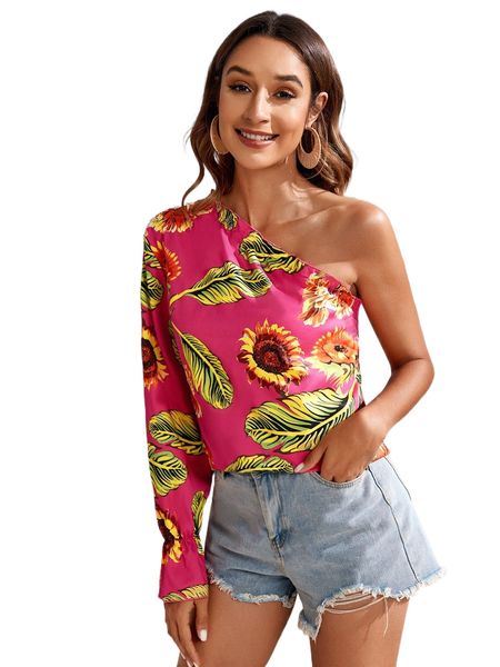 

tropical print one shoulder flounce sleeve blouse 07rd#, White