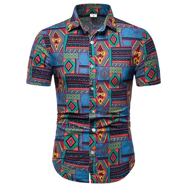 

mens cotton linen dress shirt fashion vintage african ethnic print men slim fit short sleeve hawaiian s camisas 220324, White;black