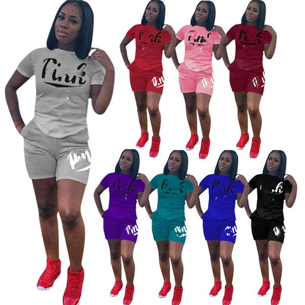 

wholesale two piece set women outfits summer bandage shorts mathing sets casaul sportswear print tracksuits dhl d7, Gray