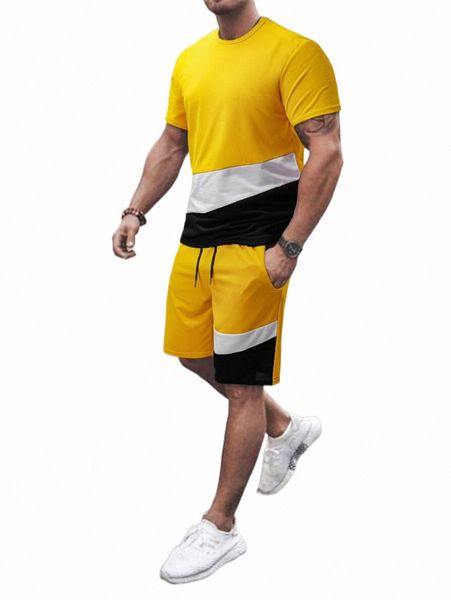 

men colorblock tee & drawstring waist shorts 04gi#, Gray