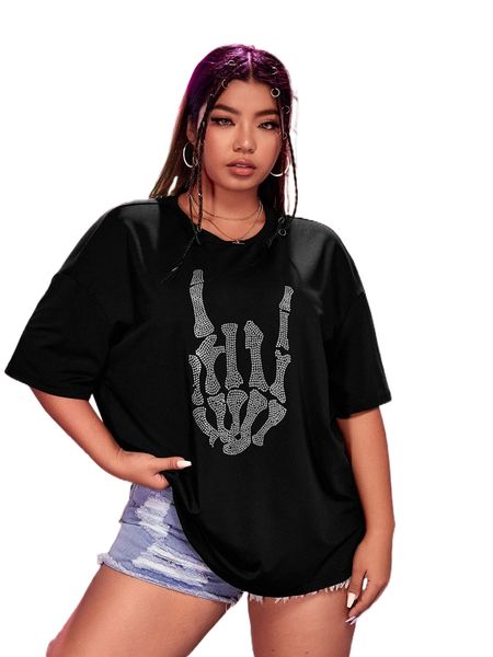 

plus rhinestone skeleton pattern drop shoulder tee k2tf#, Black