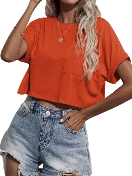 

batwing sleeve pocket patched crop tee k8is#, White