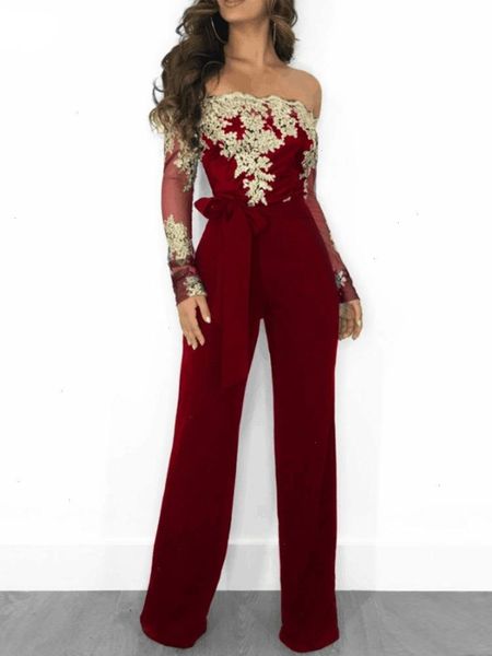 

women overalls jumpsuit autumn lace tulle off shoulder slash neck gold embroidery waistbelt elegant femme office casual clothing, Black;white